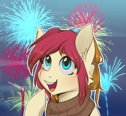 Size: 2333x2160 | Tagged: safe, artist:silbersternenlicht, oc, oc only, oc:ketika, pegasus, pony, bust, clothes, female, fireworks, mare, open mouth, portrait, scarf, solo