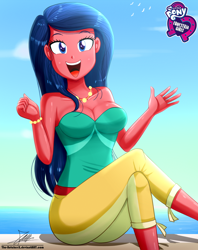 Size: 920x1160 | Tagged: safe, artist:the-butch-x, desert sage, better together, equestria girls, spring breakdown, background human, blue eyes, blue hair, breasts, bustier, busty desert sage, butch's hello, cleavage, crossed legs, equestria girls logo, female, hello x, jewelry, necklace, open mouth, pearl necklace, signature, solo, waving