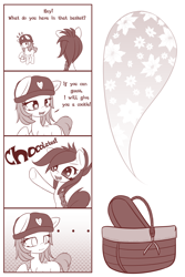 Size: 1600x2400 | Tagged: safe, artist:an-m, oc, oc only, oc:genoveva, oc:mayni, 4koma, basket, comic, dialogue, empty eyes, hat, monochrome, raised hoof