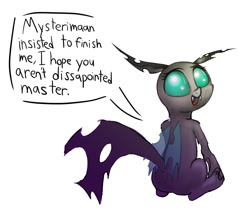 Size: 1154x1000 | Tagged: safe, artist:firenhooves, artist:mysterimaan, edit, changeling, cute, fangs, looking at you, looking back, open mouth, sad, simple background, sitting, smiling, solo