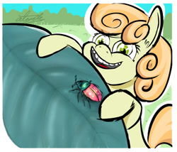 Size: 490x419 | Tagged: safe, artist:firenhooves, junebug, earth pony, insect, pony, female, leaf, mare