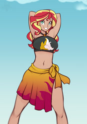 Size: 1332x1900 | Tagged: safe, artist:scorpdk, sunset shimmer, human, better together, equestria girls, forgotten friendship, adorasexy, arm behind head, armpits, belly button, bikini, breasts, clothes, cute, female, human coloration, humanized, looking at you, midriff, sarong, sexy, shimmerbetes, smiling, solo, stretching, summer sunset, sunset jiggler, swimsuit