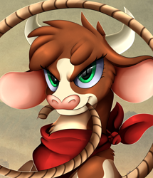 Size: 1722x2003 | Tagged: safe, artist:pridark, part of a set, arizona cow, cow, them's fightin' herds, bandana, bust, community related, female, lasso, mouth hold, portrait, rope, smiling, solo