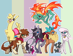 Size: 2174x1688 | Tagged: safe, artist:xenon, arizona cow, oleander, paprika paca, pom lamb, tianhuo, velvet reindeer, alpaca, classical unicorn, cow, deer, dog, lamb, longma, reindeer, sheep, unicorn, them's fightin' herds, bell, bell collar, cloven hooves, collar, colored hooves, colored pupils, community related, female, fiery wings, fightin' six, group, looking at you, mane of fire, mare, puppy, raised hoof, simple background, smiling, underhoof