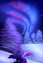 Size: 800x1174 | Tagged: safe, artist:cabbage-arts, twilight sparkle, twilight sparkle (alicorn), alicorn, aurora borealis, female, mare, night, snow, solo, tree, tree stump