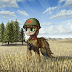 Size: 2000x2000 | Tagged: safe, artist:adagiostring, oc, oc only, earth pony, pony, field, helmet, male, military, military uniform, ppsh-41, red army, solo, soviet, spruce, stallion, tree, world war ii