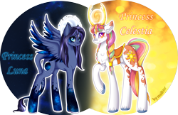 Size: 3153x2039 | Tagged: safe, artist:mailner, princess celestia, princess luna, pegasus, pony, antlers, braid, colored wings, colored wingtips, crystal, cute, cutelestia, duo, female, galaxy, horns, pegasus luna, race swap, raised hoof, redesign, royal sisters, saddle, simple background, sisters, starry wings, tack, transparent background, unshorn fetlocks, wings