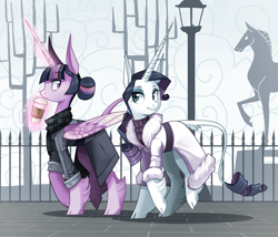 Size: 1859x1589 | Tagged: safe, artist:frogbians, rarity, twilight sparkle, twilight sparkle (alicorn), alicorn, classical unicorn, horse, pony, unicorn, alternate hairstyle, city, clothes, cloven hooves, coffee, coffee cup, cup, drink, duo, female, fence, hair bun, impossibly large ears, impossibly large horn, lamppost, leonine tail, lesbian, magic, mare, rarilight, shipping, statue, streetlight, telekinesis, unshorn fetlocks