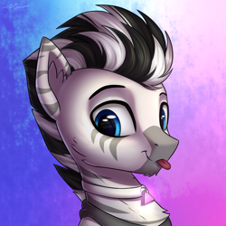 Size: 3000x3000 | Tagged: safe, artist:setharu, oc, oc only, oc:zerus, zebra, :p, beard, bust, cheek fluff, collar, ear fluff, facial hair, male, portrait, silly, smiling, solo, stallion, tongue out, zebra oc