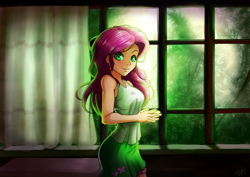 Size: 1414x1000 | Tagged: safe, artist:the-park, fluttershy, human, equestria girls, curtains, female, looking at you, solo, window