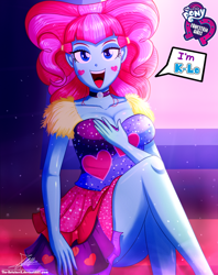 Size: 920x1160 | Tagged: safe, artist:the-butch-x, kiwi lollipop, better together, equestria girls, sunset's backstage pass!, breasts, busty kiwi lollipop, butch's hello, cleavage, cute, equestria girls logo, female, heart, hello x, k-lo, legs, looking at you, open mouth, schrödinger's pantsu, solo, thighs