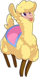 Size: 1041x2063 | Tagged: safe, artist:fizzy-dog, paprika paca, alpaca, them's fightin' herds, :p, female, saddle, silly, simple background, smiling, solo, tack, tongue out, transparent background