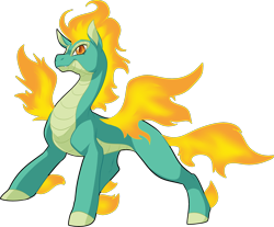 Size: 2288x1891 | Tagged: safe, artist:fizzy-dog, tianhuo, longma, them's fightin' herds, community related, fangs, female, fiery wings, mane of fire, simple background, smiling, solo, transparent background