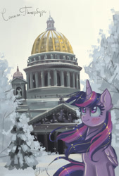 Size: 1200x1780 | Tagged: safe, artist:xjenn9, twilight sparkle, twilight sparkle (alicorn), alicorn, cyrillic, saint petersburg, snow, solo, text, windswept mane, winter