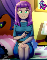 Size: 920x1160 | Tagged: safe, artist:the-butch-x, boulder (pet), maud pie, equestria girls, bed, butch's hello, equestria girls logo, female, hello x, legs, looking at you, pillow, signature, sitting, solo