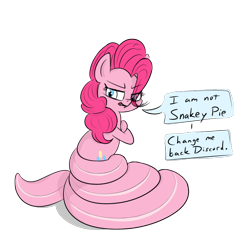 Size: 800x800 | Tagged: safe, artist:firenhooves, pinkie pie, lamia, original species, crossed arms, dialogue, fangs, female, implied discord, offscreen character, pinklamia pie, simple background, solo, species swap, speech bubble