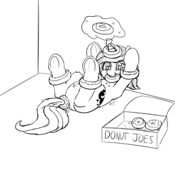 Size: 824x814 | Tagged: safe, artist:firenhooves, princess luna, alicorn, pony, cute, donut, featureless crotch, filly, food, magic, monochrome, mouth hold, on back, solo, telekinesis, underhoof, woona, younger