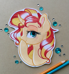Size: 2917x3100 | Tagged: safe, artist:emberslament, sunset shimmer, pony, unicorn, better together, equestria girls, forgotten friendship, blushing, boop, colored pencil drawing, colored pencils, craft, curved horn, cute, cutout, female, mare, noseboop, scene interpretation, self-boop, shimmerbetes, simple background, solo, traditional art