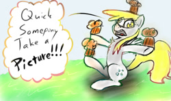 Size: 739x437 | Tagged: safe, artist:firenhooves, derpy hooves, pegasus, pony, balancing, chest fluff, female, food, mare, muffin, solo, speech bubble