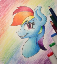 Size: 1135x1280 | Tagged: safe, artist:whiten74, rainbow dash, pegasus, pony, bust, colored pencil drawing, female, mare, pencil, portrait, rainbow background, simple background, smiling, solo, traditional art