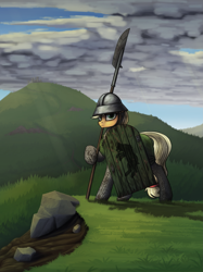 Size: 2247x3000 | Tagged: safe, artist:dipfanken, applejack, earth pony, pony, armor, castle, chainmail, clothes, female, grass, grass field, halberd, helmet, mare, mount and blade, mountain, normandy, scenery, shield, solo, spear, weapon