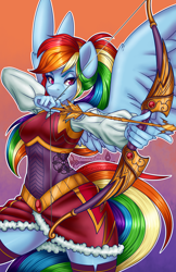 Size: 924x1428 | Tagged: safe, artist:bumblebun, part of a set, rainbow dash, anthro, pegasus, alternate hairstyle, archer, archer dash, arrow, bow (weapon), bow and arrow, clothes, fantasy class, female, mare, multicolored hair, ponytail, rainbow dash always dresses in style, smiling, solo, watermark, weapon