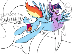 Size: 801x603 | Tagged: safe, artist:firenhooves, derpibooru exclusive, rainbow dash, twilight sparkle, pegasus, pony, bed, conjoined, dialogue, female, scared, shocked, surprised, what has magic done