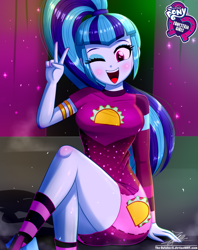 Size: 920x1160 | Tagged: safe, artist:the-butch-x, sonata dusk, better together, equestria girls, find the magic, sunset's backstage pass!, blushing, butch's hello, clothes, crossed legs, cute, dress, equestria girls logo, female, hello x, legs, looking at you, minidress, one eye closed, open mouth, peace sign, ponytail, sitting, smiling, socks, solo, sonatabetes, taco dress, thighs, wink