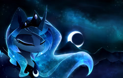 Size: 3423x2173 | Tagged: safe, artist:magnaluna, princess luna, alicorn, pony, ethereal mane, eyes closed, female, galaxy mane, mare, moon, night, solo