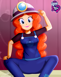 Size: 920x1160 | Tagged: safe, artist:the-butch-x, golden hazel, better together, equestria girls, opening night, butch's hello, clothes, cute, equestria girls logo, female, hat, hello x, helmet, lipstick, looking at you, mining helmet, overalls, sitting, smiling, solo