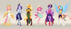 Size: 3804x1577 | Tagged: safe, artist:orchidpony, applejack, fluttershy, pinkie pie, rainbow dash, rarity, twilight sparkle, twilight sparkle (alicorn), alicorn, anthro, bird, earth pony, pegasus, unguligrade anthro, unicorn, alternate hairstyle, applejack is not amused, arm behind back, belly button, belly fluff, boots, clothes, crossed arms, crown, cute, diapinkes, dress, eyes closed, female, gloves, gradient background, jewelry, line-up, mane six, mare, regalia, shoes, shyabetes, side slit, size comparison, smiling, unamused