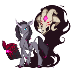Size: 2100x2100 | Tagged: safe, artist:theparagon, fhtng th§ ¿nsp§kbl, oleander, classical unicorn, demon, them's fightin' herds, book, cloven hooves, colored hooves, community related, curved horn, looking at you, raised hoof, simple background, unshorn fetlocks, white background