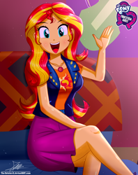 Size: 920x1160 | Tagged: safe, artist:the-butch-x, sunset shimmer, equestria girls, beautiful, butch's hello, crossed legs, cute, equestria girls logo, female, geode of empathy, happy, hello x, legs, looking at you, magical geodes, open mouth, shimmerbetes, signature, smiling, solo, waving