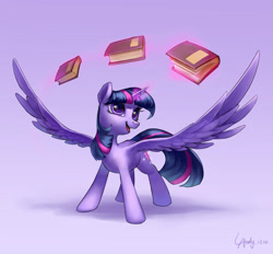 Size: 2380x2207 | Tagged: safe, artist:luciferamon, twilight sparkle, twilight sparkle (alicorn), alicorn, pony, book, female, glowing horn, gradient background, horn, levitation, magic, magic aura, mare, shadow, signature, smiling, solo, spread wings, telekinesis, wings