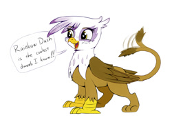 Size: 1376x960 | Tagged: safe, artist:firenhooves, gilda, griffon, blushing, colored, cute, dweeb, female, gildadorable, heart eyes, motion lines, simple background, smiling, standing, tail wag, text, white background, wingding eyes