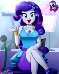 Size: 920x1160 | Tagged: safe, artist:the-butch-x, rarity, equestria girls, beautiful, bracelet, butch's hello, crossed legs, cute, equestria girls logo, female, geode of shielding, hello x, jewelry, legs, looking at you, magical geodes, open mouth, pencil skirt, raribetes, signature, smiling, solo