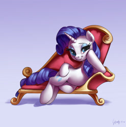 Size: 2380x2407 | Tagged: safe, artist:luciferamon, rarity, pony, unicorn, cute, draw me like one of your french girls, fainting couch, female, gradient background, horn, looking at you, mare, raribetes, shadow, signature, smiling, sofa, solo