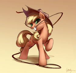 Size: 2480x2357 | Tagged: safe, artist:luciferamon, applejack, earth pony, pony, brown background, cowboy hat, female, gradient background, hat, lasso, looking at you, mare, mouth hold, raised hoof, rope, shadow, signature, smiling, solo