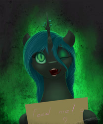 Size: 2500x3000 | Tagged: safe, artist:skitsroom, queen chrysalis, changeling, changeling queen, fangs, heart, horn, one eye closed, open mouth, sign, solo, tongue out, wink