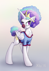 Size: 1612x2313 | Tagged: safe, artist:xbi, princess celestia, alicorn, pony, the cutie re-mark, alternate timeline, celestia is not amused, chaotic timeline, clown, clown celestia, clown nose, gradient background, solo, unamused