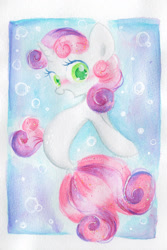 Size: 1099x1649 | Tagged: safe, artist:1drfl_world_end, sweetie belle, seapony (g4), surf and/or turf, cute, diasweetes, looking at you, open mouth, seaponified, seapony sweetie belle, smiling, solo, species swap, traditional art, watercolor painting