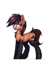 Size: 1793x2480 | Tagged: safe, artist:justafallingstar, oc, oc only, oc:wireless fuzz, cyborg, earth pony, pony, amputee, augmented, female, looking at you, mare, prosthetic limb, prosthetics, simple background, solo, standing, transparent background