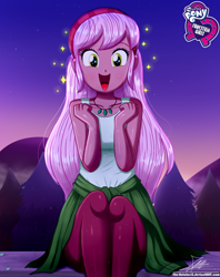 Size: 920x1160 | Tagged: safe, artist:the-butch-x, raspberry lilac, better together, equestria girls, let it rain, bandana, butch's hello, clothes, cute, equestria girls logo, female, happy, hello x, jewelry, necklace, open mouth, outdoors, signature, sitting, sleeveless, smiling, solo, tanktop