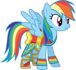 Size: 1000x915 | Tagged: safe, artist:cloudyglow, rainbow dash, pegasus, pony, movie magic, spoiler:eqg specials, clothes, equestria girls outfit, equestria girls ponified, female, mare, multicolored hair, ponified, rainbow dash always dresses in style, simple background, smiling, solo, transparent background