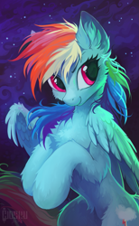 Size: 791x1280 | Tagged: safe, artist:hioshiru, rainbow dash, pegasus, pony, belly fluff, cheek fluff, chest fluff, cloud, cute, dashabetes, ear fluff, female, fluffy, leg fluff, mare, night, night sky, rearing, sky, smiling, solo, stars, wing fluff