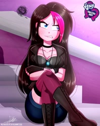 Size: 761x960 | Tagged: safe, artist:the-butch-x, oc, oc only, oc:zoe star pink, equestria girls, 2020, 2020s, angry, blue eyes, blushing, boots, breasts, butch's hello, canterlot high, cleavage, clothes, collar, crossed arms, denim shorts, emo, equestria girls logo, equestria girls-ified, female, fingerless gloves, gift art, gloves, gritted teeth, hello x, jacket, jewelry, logo, multicolored hair, necklace, peeved, sexy, shoes, shorts, signature, sitting, solo, steps, tomboy