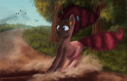 Size: 1600x1019 | Tagged: safe, artist:sa1ntmax, pinkie pie, earth pony, pony, aftermath, confetti, everything went better than expected, frazzled, scorched, skid mark, skidding, solo, surprised, this did not end well