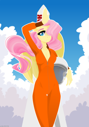 Size: 4500x6404 | Tagged: safe, artist:eiirine, fluttershy, anthro, absurd resolution, astronaut, cloud, female, helmet, looking at you, mare, skinny, sky, solo, spacesuit