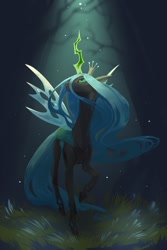 Size: 853x1280 | Tagged: safe, artist:emerarudoshika, queen chrysalis, changeling, changeling queen, crown, female, forest, glowing horn, grass, horn, jewelry, looking up, raised hoof, regalia, solo, sunlight, wings
