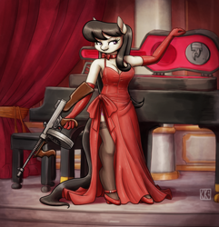 Size: 2500x2596 | Tagged: safe, artist:king-kakapo, octavia melody, anthro, earth pony, unguligrade anthro, bow, breasts, cleavage, clothes, commission, dress, evening gloves, female, gloves, gun, long gloves, mafia, mafia octavia, mare, piano, red dress, shoes, side slit, solo, stockings, submachinegun, thigh highs, tommy gun, weapon